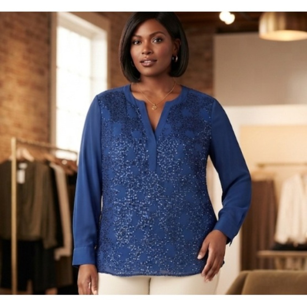 Chicos Royal Blue Sequin Tunic Blouse Split V-Neck Long Sleeve Top Size 3 XL